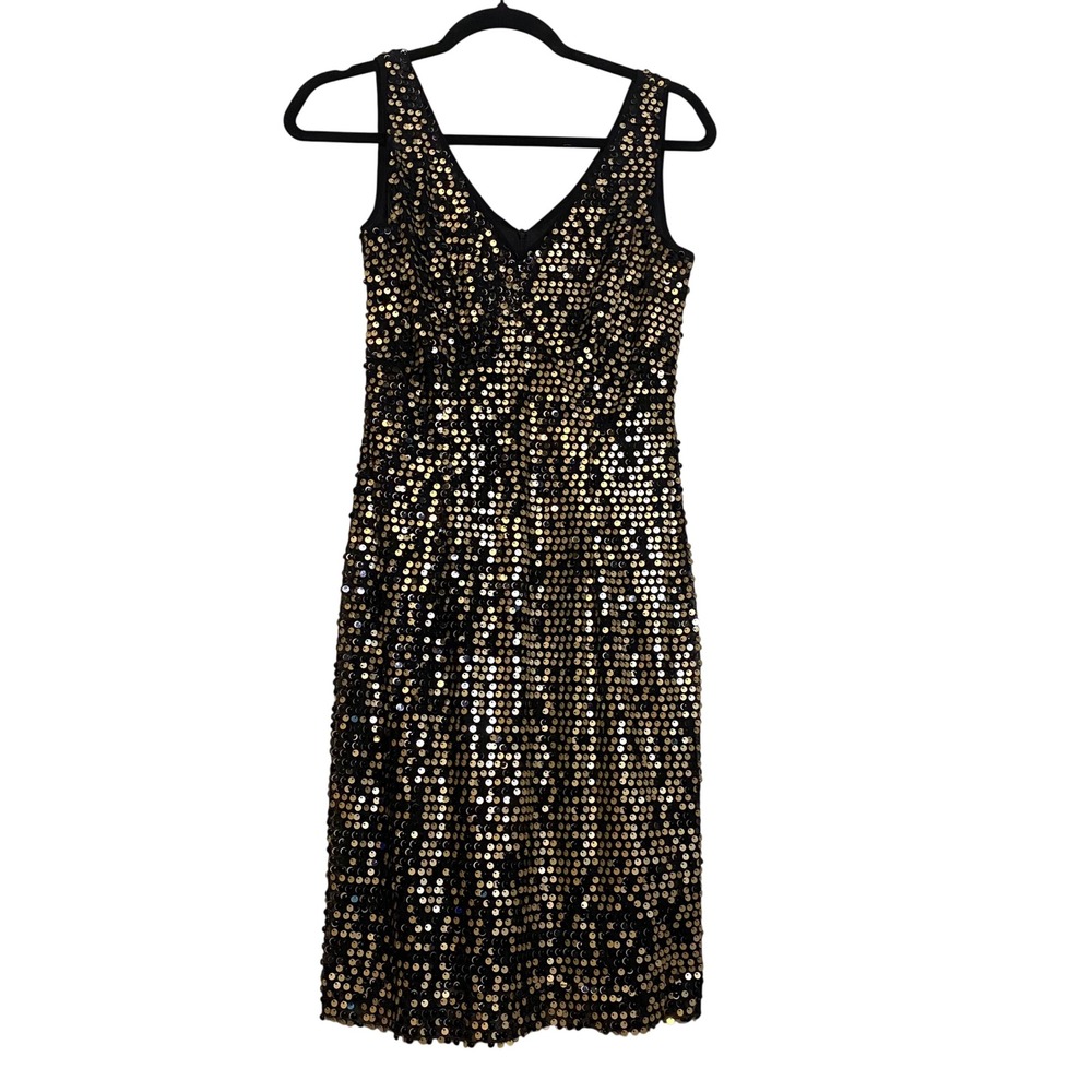 Womens Black Gold Sequin V-Neck Sleeveless Sheath Cocktail Dress 6 AB Studio